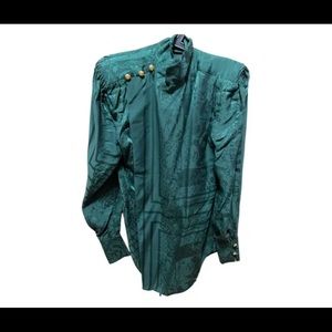 H&M X Balmain Jacquard weave Silk Blouse Green 100% Silk Top